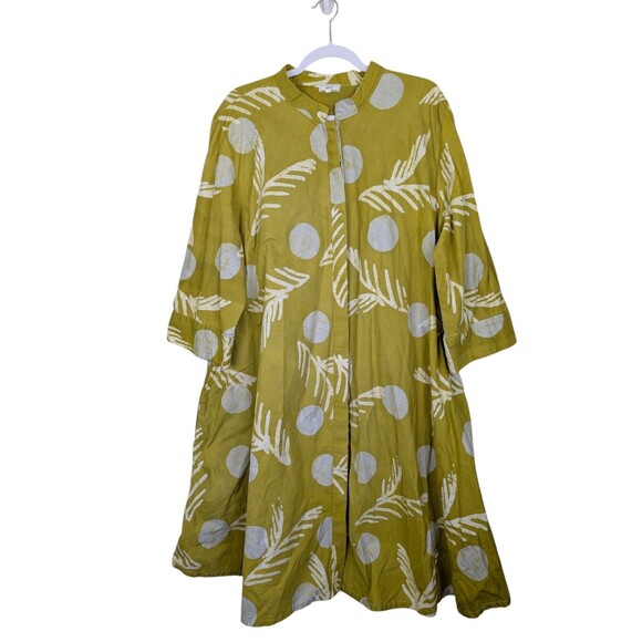Zuri Kenya Button Front Dress Green Women’s 2X Dot Leaf Print Lagenlook Cotton - Picture 3 of 11